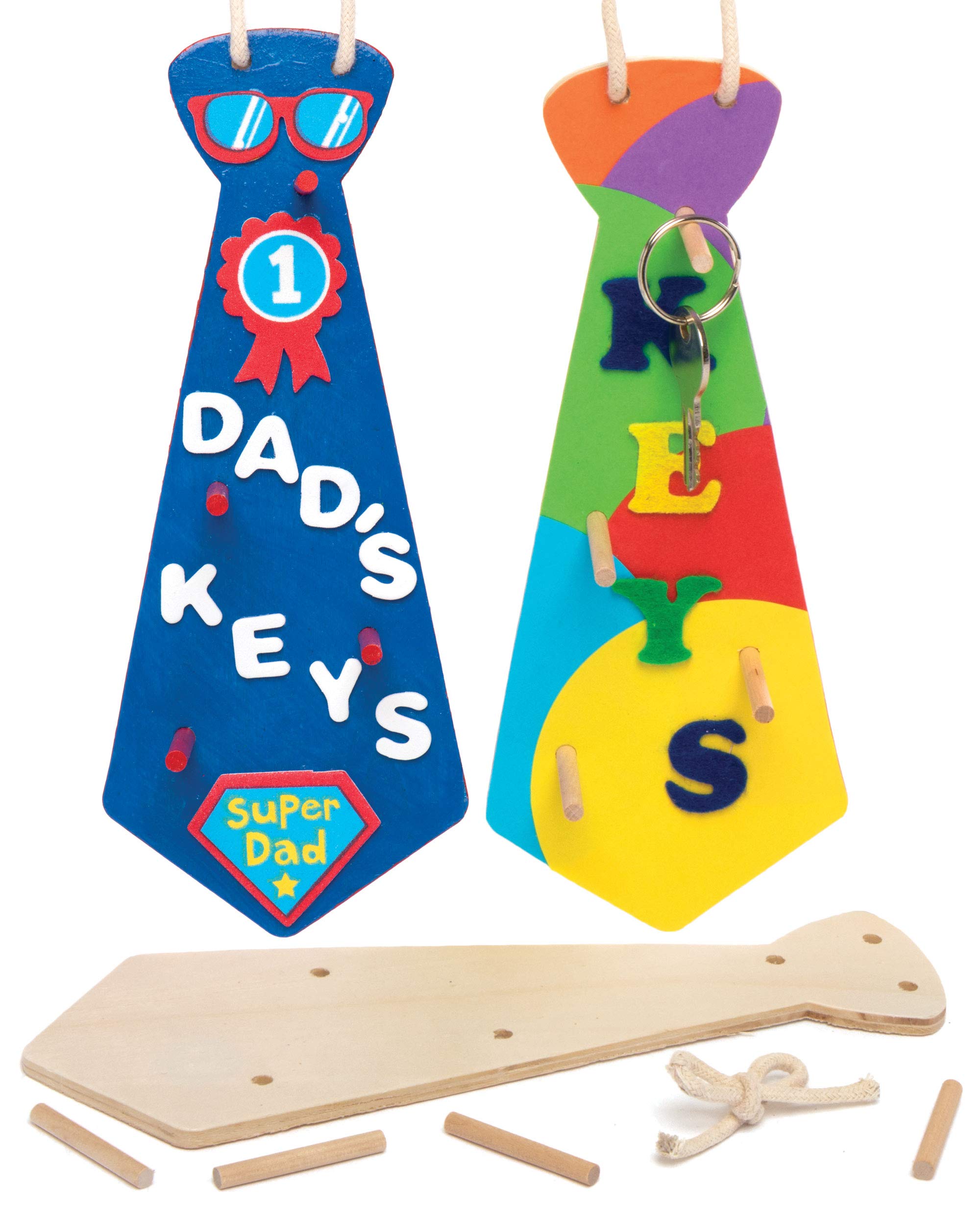 Baker Ross EF632 Wooden Tie Key Holders Craft Project — Ideal for Kids' Arts and Crafts, Gifts, Keepsakes and More (Pack of 3)