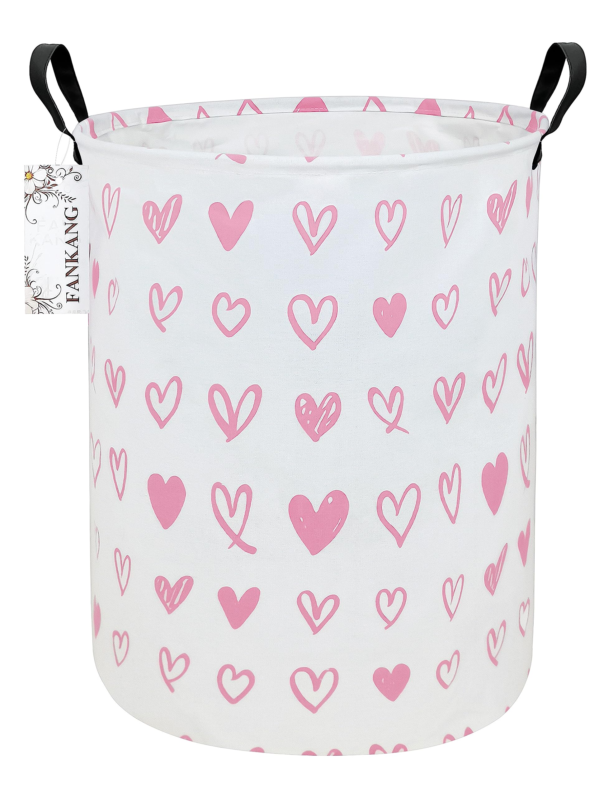 FANKANG Laundry Hamper Storage Bins Nursery Hamper Canvas Foldable with Waterproof PE Coating Large Storage Baskets for Kids Toys Room, Nursery, Home,Gift Basket(Round Pink Heart)