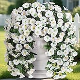 Artificial Faux Hanging Plants Flowers for Winter Christmas Outdoor Outside Decor, 2 PCS Fake Silk White Morning Glory Long Vines UV Resistant Look Real for Home Porch Patio Balcony Planter Decoration