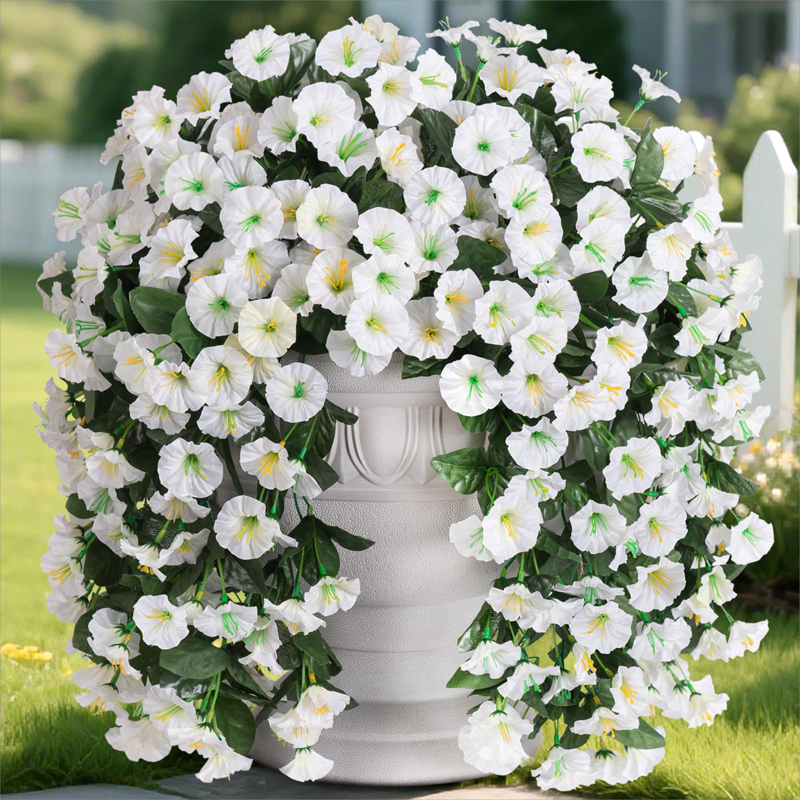 Photo 1 of Artificial Faux Hanging Plants Flowers for Outdoor Outside, 2 PCS Fake Silk White Morning Glory Long Vines UV Resistant Look Real for Home Porch Patio Balcony Planter Decoration