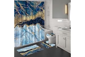 MitoVilla 4 Pcs Blue Marble Shower Curtain Sets with Rugs, Navy Blue Gold Bathroom Sets with Shower Curtain and Rugs and Accessories, Modern Shower Curtain for Bathroom Decor