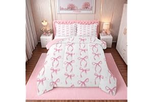 Erosebridal Cute Pink Bow Twin Bedding Set for Girls,Ribbon Bow Knot Comforter Set for Kids Kawaii Room Decor,Princess Bowknot Bed Set Girly Pink Bows Bedding Comforter Sets,1 Pillowcase