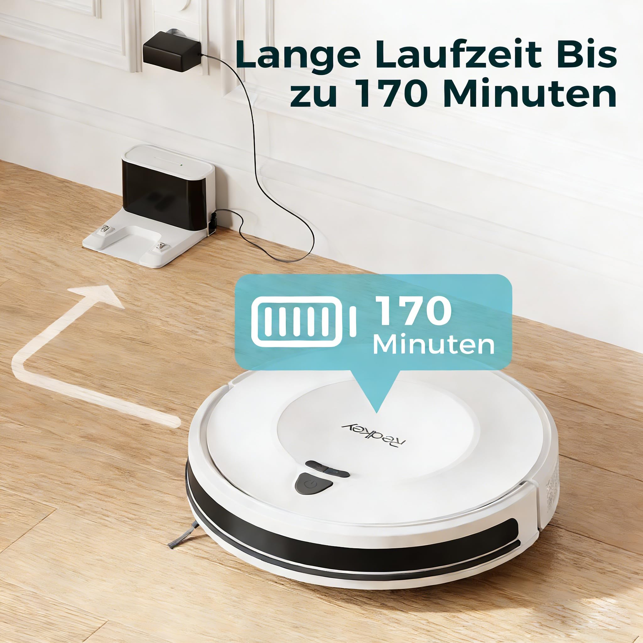 Redkey E6 Saugroboter mit 7000 Pa Saugkraft, Dynamische Navigation, Bis zu 170 Min Laufzeit, Roboterstaubsauger mit Ladestation, Fernbedienung und APP, Ideal für Tierhaare,Teppich,Hartboden 6