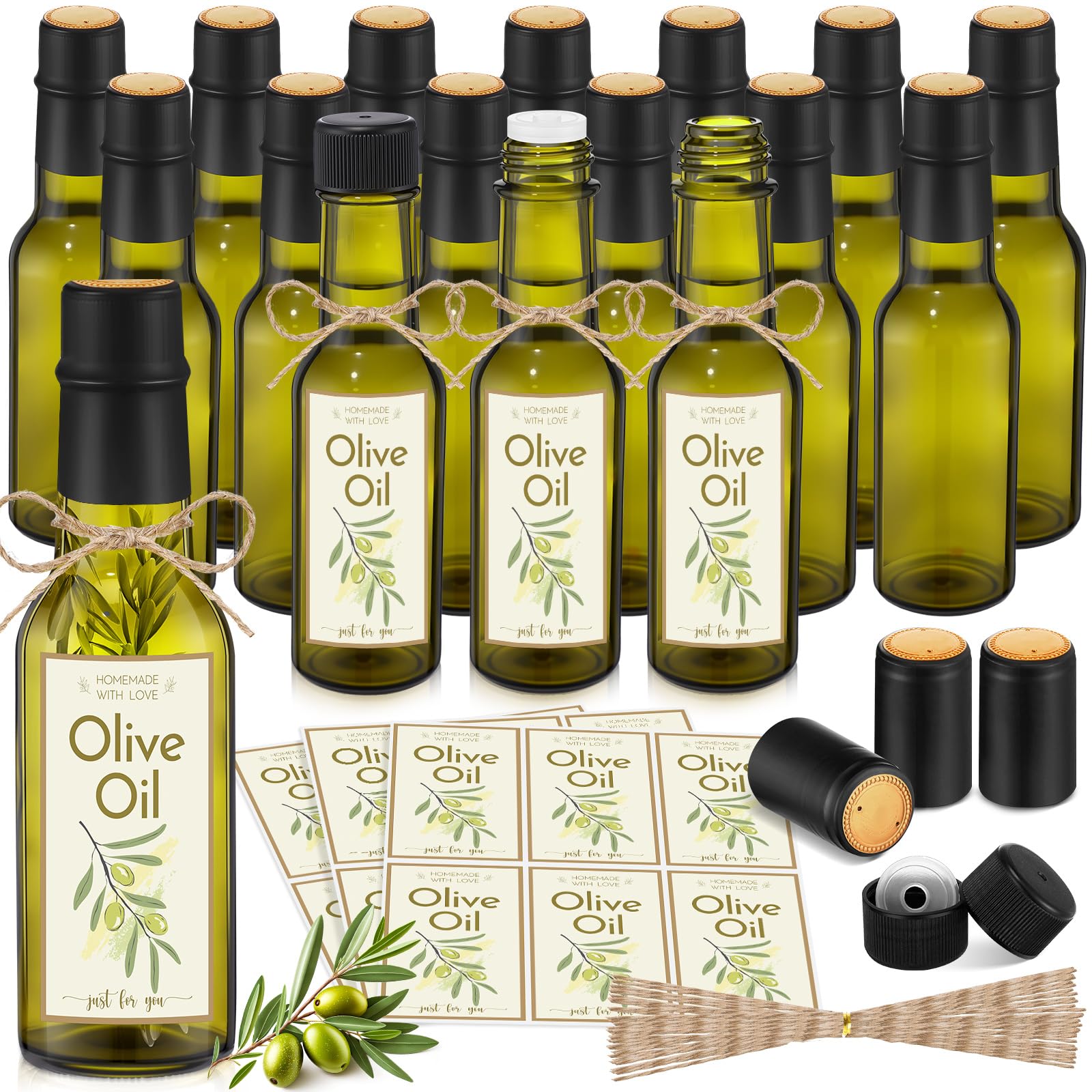 Photo 1 of Havawish 20 Pcs 3oz Homemade Mini Olive Oil Bottles Hot Sauce Glass Bottles with Leak Proof Screw Cap Funnel Clear Bottle for Storing Homemade Olive Oil Christmas Wedding Baby Shower Gifts (Green)