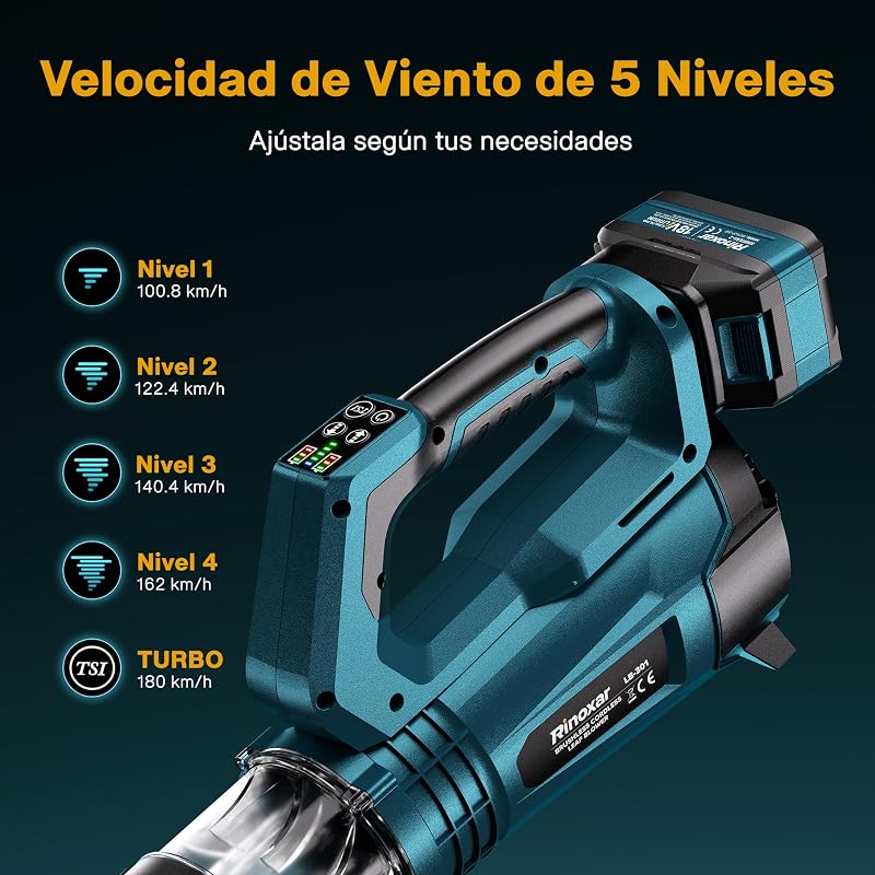 Soplador de Hojas Inalámbrico, Motor Brushless, 2×18V/5200mAh y Cargador