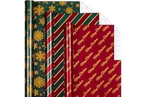 MAYPLUSS Shiny Christmas Wrapping Paper - 17In x 120In Per Roll - Classic Red & Green Stripe, Forest Green & Gold Snowflake, Red & Gold Merry Christmas Text Design Gift Wrap Paper for Holiday, Party