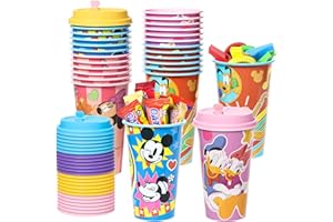 AFZMON Mickey Theme Mouse Party Favors, 24 Pack 16OZ Birthday Party Plastic Cups with Lids Plugs in 4 Colors, Reusable Cartoon Minnie Party Supplies Decorations for Girls Boys Kids