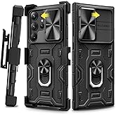 Caka for Galaxy S23 Ultra Case with Stand & Slide Camera Cover & Belt Clip Holster, Built-in 360° Rotate Ring Holder Magnetic Protective Phone Case Cover for Samsung Galaxy S23 Ultra 2023 - Black