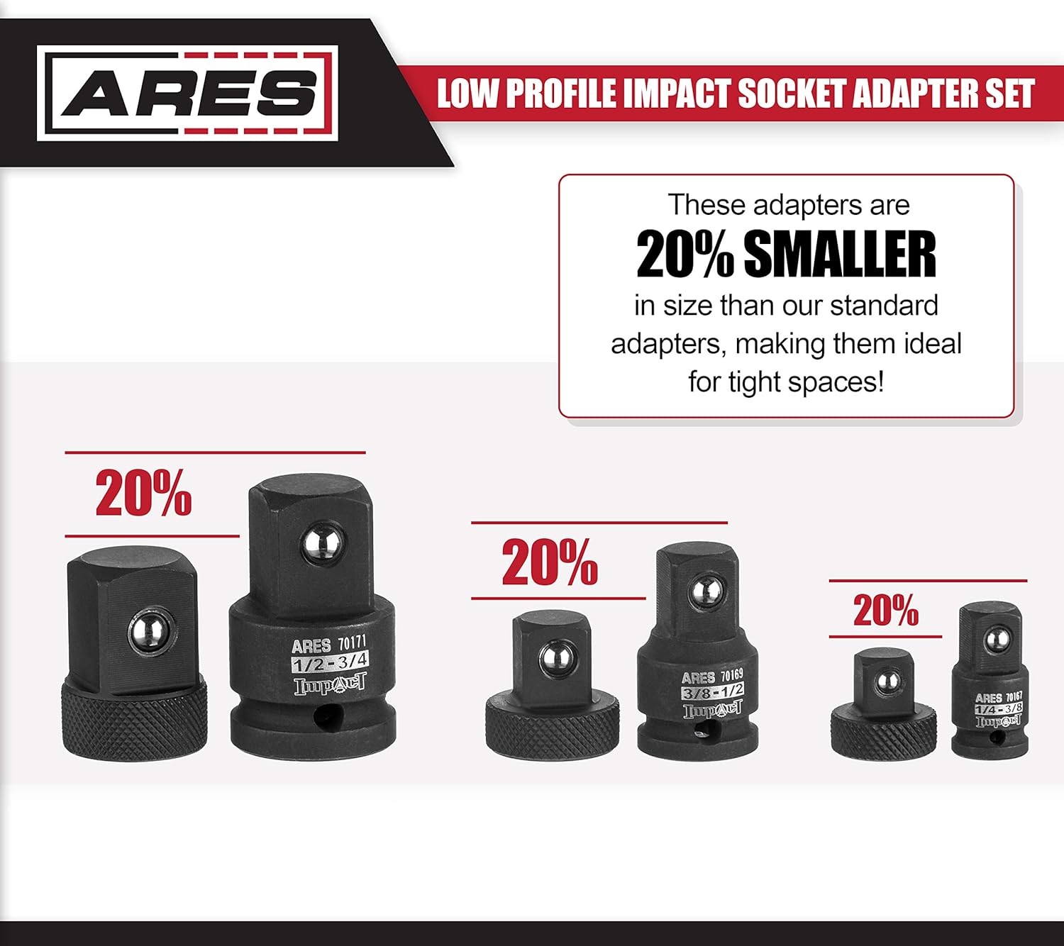 ARES 70198 - Low Profile Impact Socket Adapter Set - Impact-Rated Heat-Treated Chrome Vanadium Steel Features Knurling For Enhanced Grip: Automotive