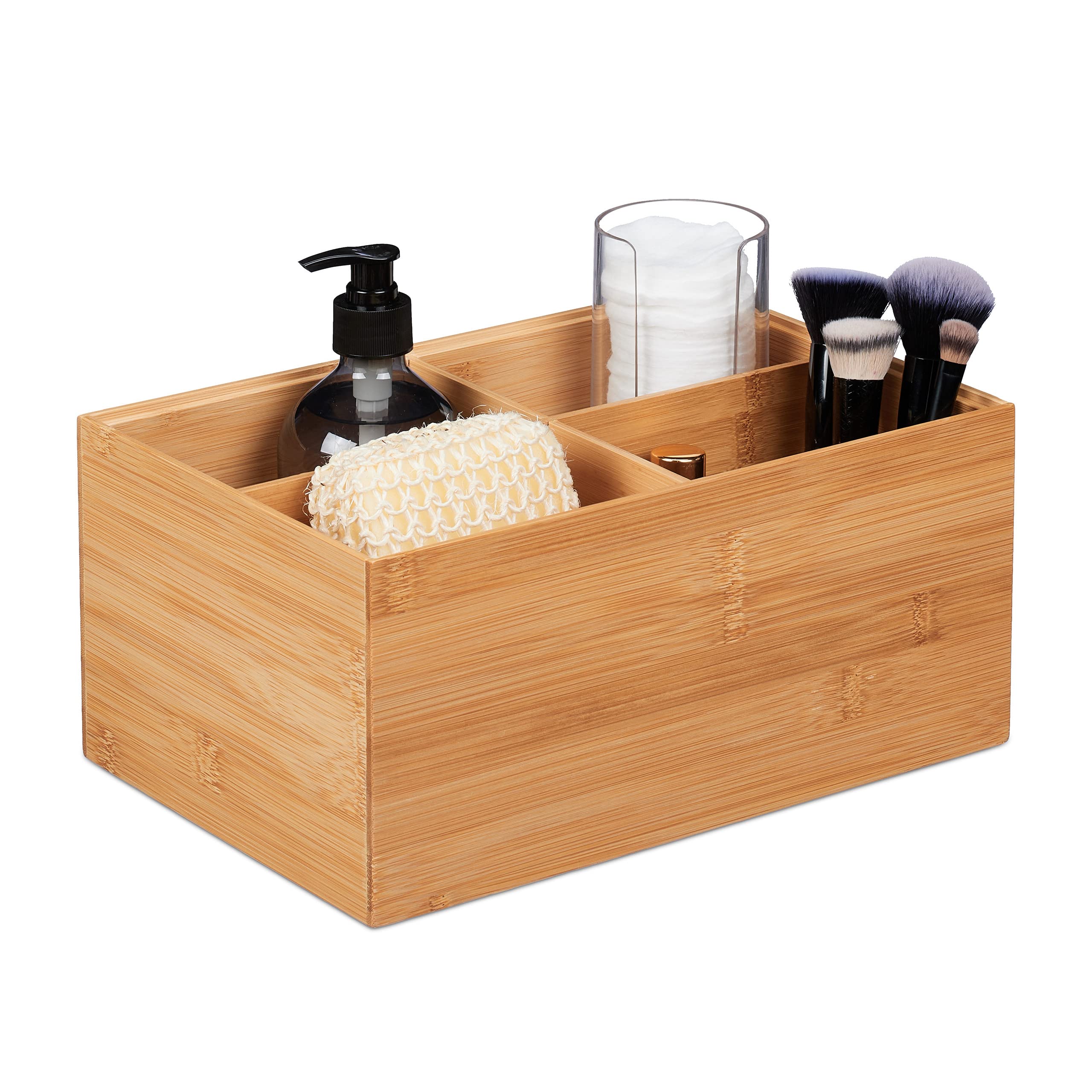 Relaxdays Storage Box, 4 Compartments, Stackable, Dimensions H x W x D: 14 x 30 x 20 cm, Bamboo, Natural