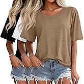 Ficerd 3 Pack Women's Oversized Half Sleeve T Shirt Crew Neck Elbow Length Tops Loose Fit Casual Summer Basic Tees