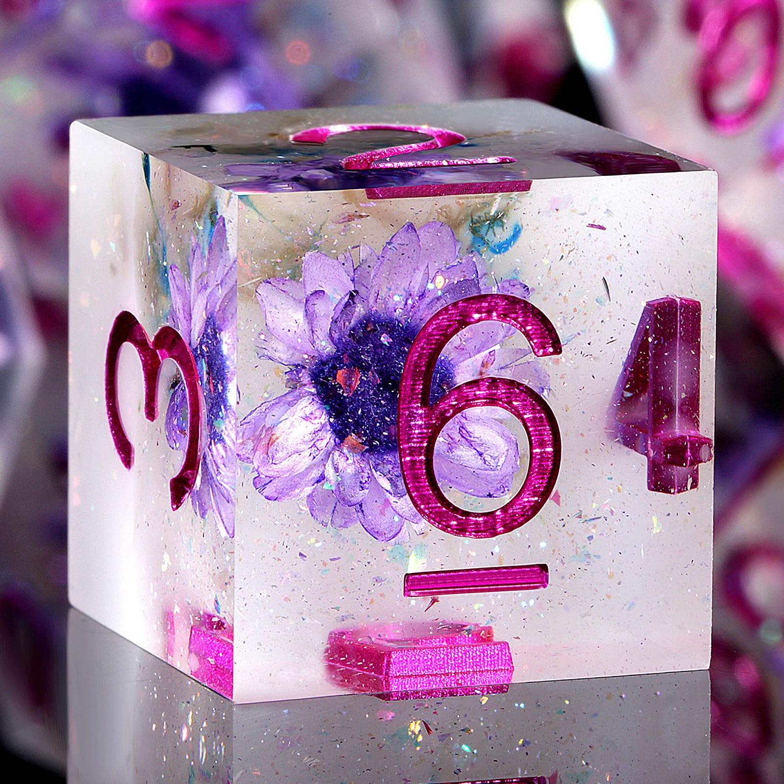 Flower DND Dice,DNDND Handmade Double-Layers Resin Sharp Edge Die with Gift Case for D&D Dungeons and Dragon Games (Purple Flower) — image 1