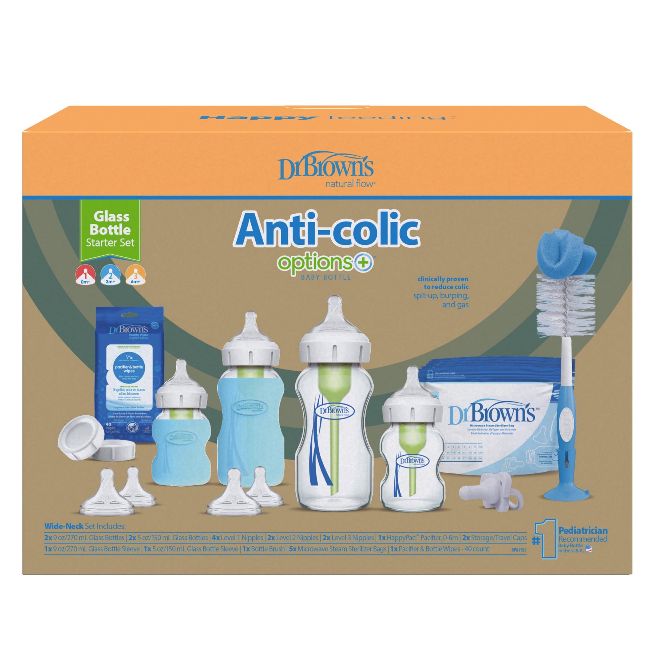 Photo 1 of Dr. Brown's Natural Flow Anti-Colic Options+ Wide-Neck Glass Baby Bottle Starter Set with 100% Silicone Glass Bottle Sleeves, Baby Bottle Brush, Prevent Pacifier and Pacifier and Bottle Wipes