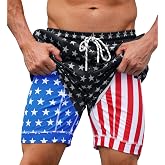 Mainfini Men's American Flag Swim Trunks 6" Inseam Board Short with Compression Liner (S-XXL)