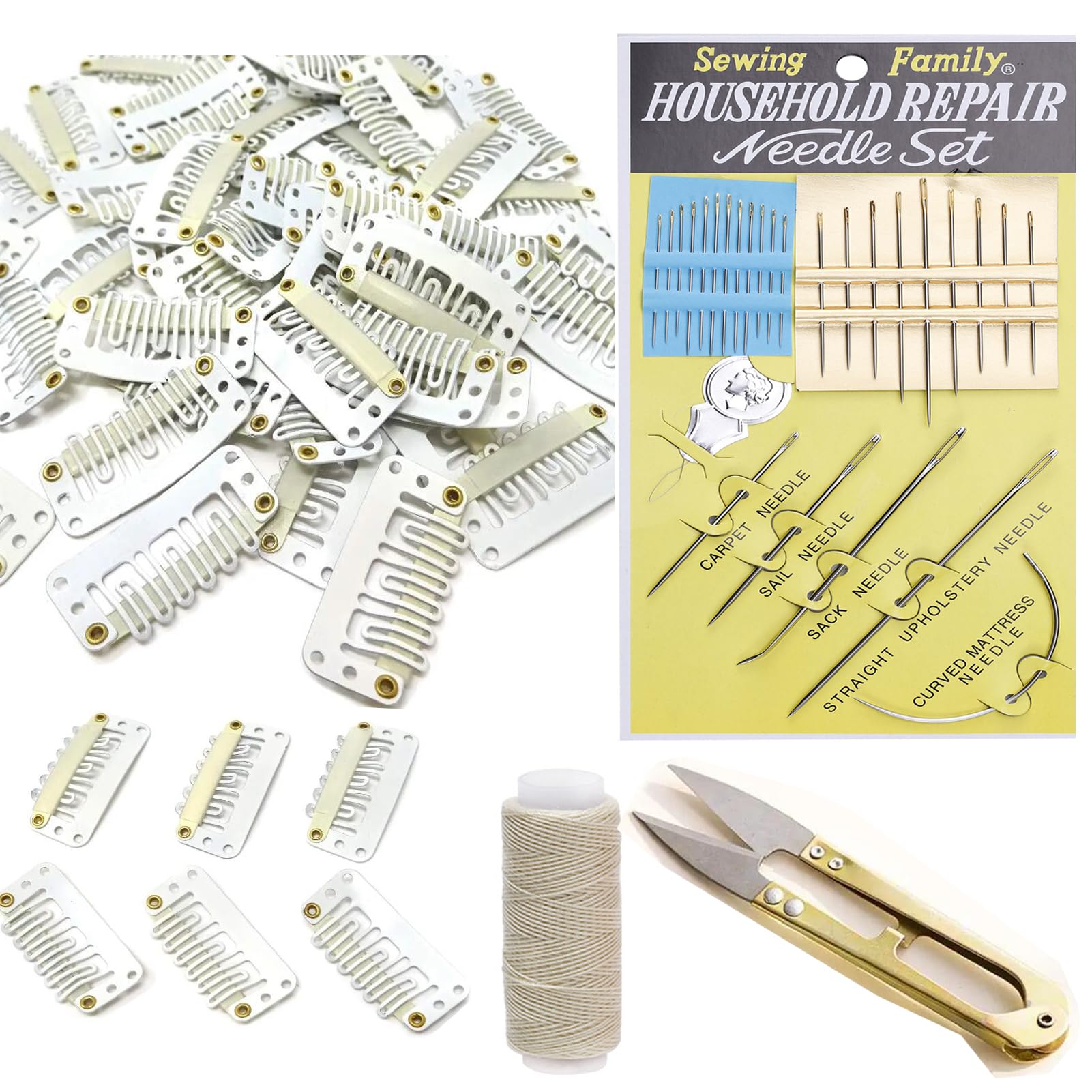 Wig Clips with Soft Rubber Combs 32mm U-Shape Snap Hair Wig Clip Needles Thread Scissors Set for wig hair extensions (Beige, 32MM) — image 1