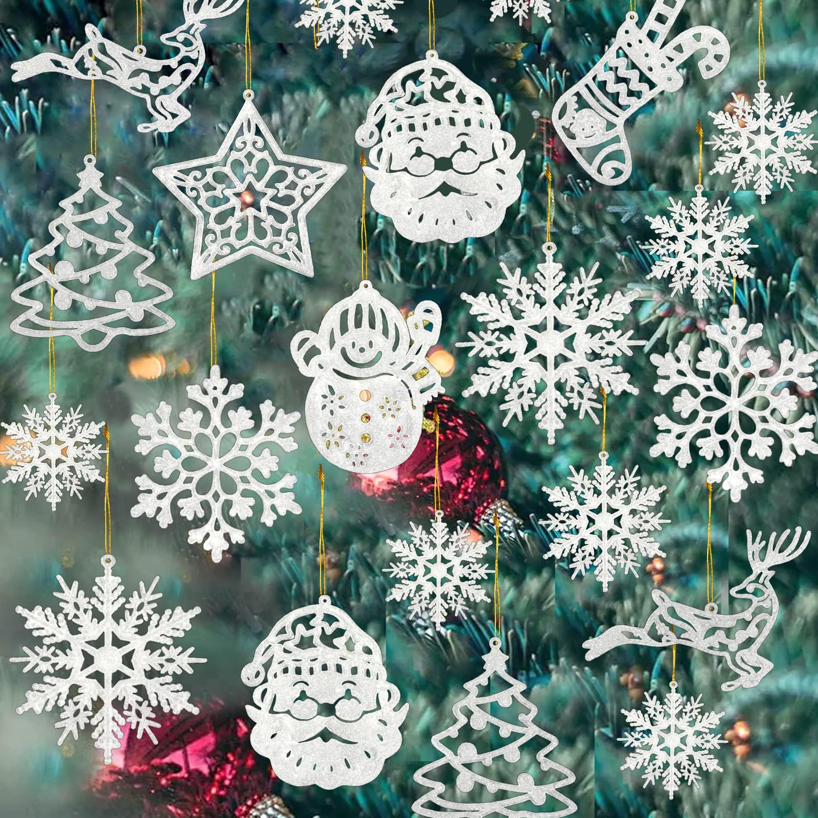 42pcs Christmas Tree Decorations: White Glitter Snowman, Reindeer & Father Christmas Snowflake Ornaments & Hanging Snowflakes