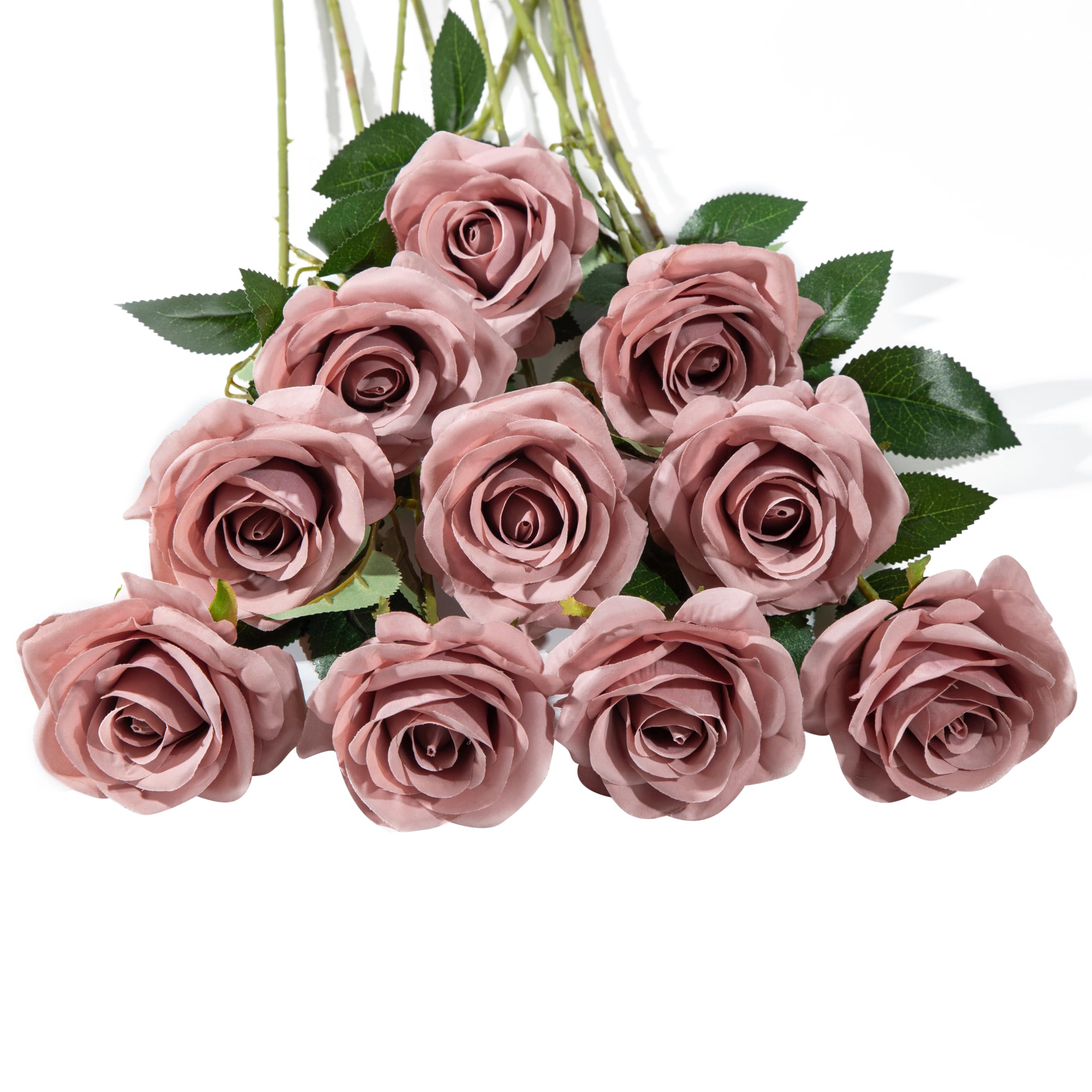 DuHouse 10Pcs Artificial Roses Fake Silk Flowers Realistic Bridal Bouquets with Single Long Plastic Stems for Arrangement Wedding Table Centerpiece Party Home Decor(Dusty Rose)