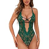 Donnalla Lingerie for Women Sexy Deep V Teddy Bodysuit Lace Babydoll Snap Crotch One Piece Underwire Lingerie