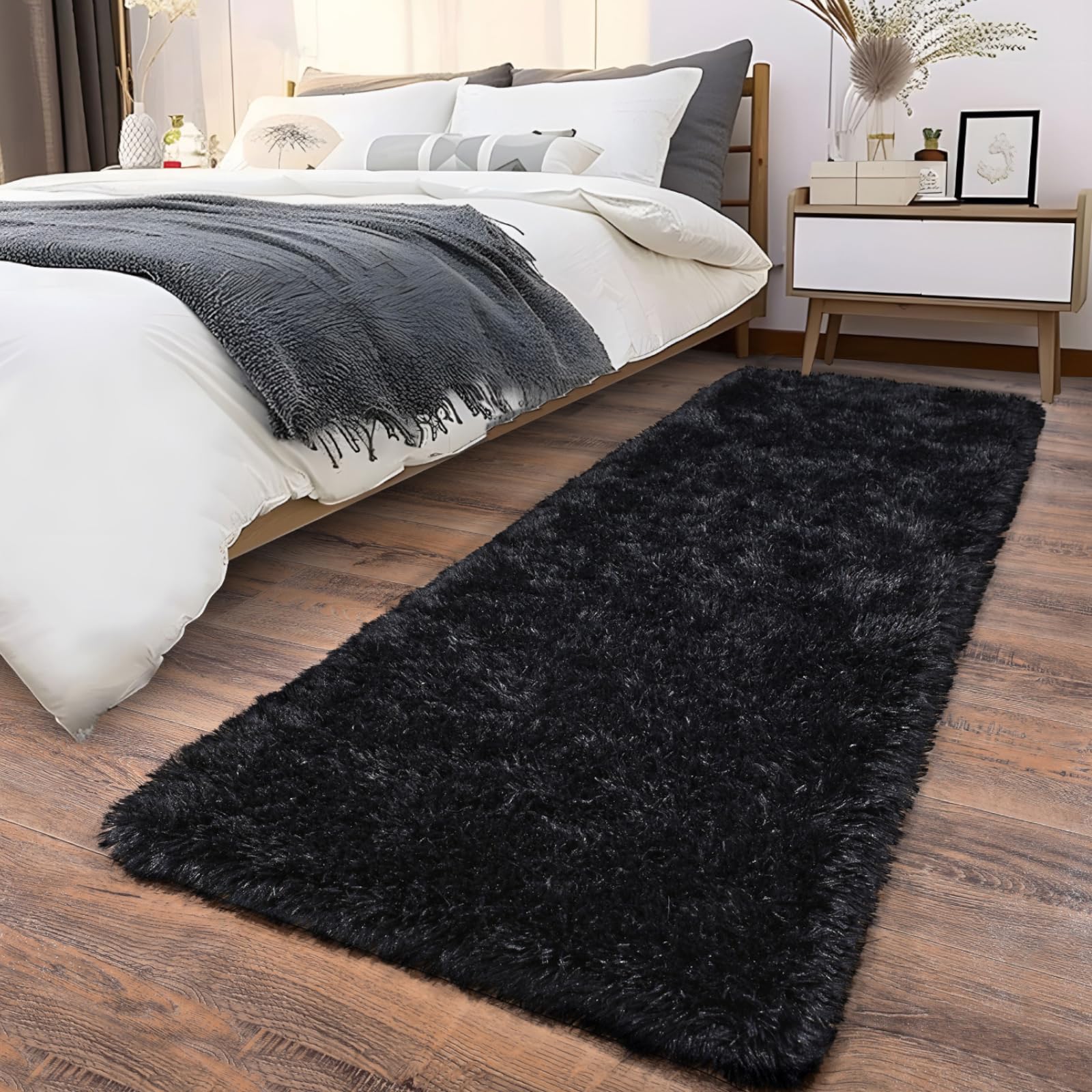Photo 1 of Ailyei Soft Runner Rugs for Bedroom Hallways, 2x6 Black Fluffy Shag Throw Area Rug Non Slip for Bedside Dorm, Long Shaggy Furry Carpet for Nursery Living Room