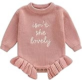Gueuusu Baby Girl Sweater Romper Long Sleeve Letters Embroidery Ruffle Bodysuit Jumpsuit Newborn Winter Clothes