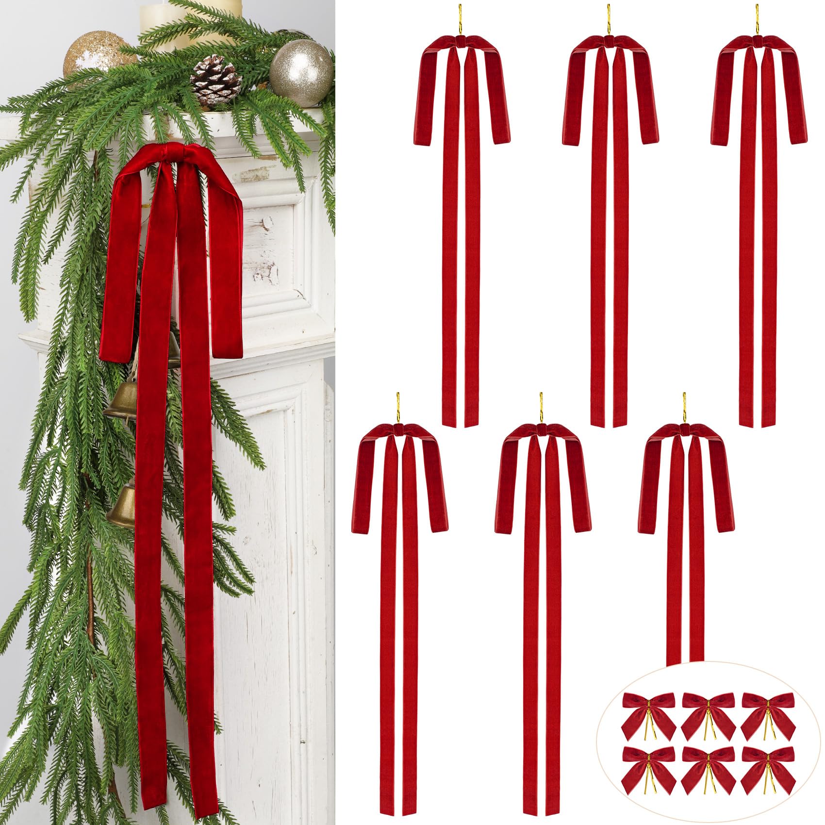 Photo 1 of 12Pcs Red Long Velvet Christmas Tree Bows 24x15 Inch Vintage Large Small Velvet Christmas Staircase Garland Rustic Wreath Swag Bow with Twist Tie for Xmas Tree Topper Holiday Indoor Outdoor Decoration