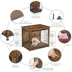 DWANTON Dog Crate Furniture with Cushion, Wooden