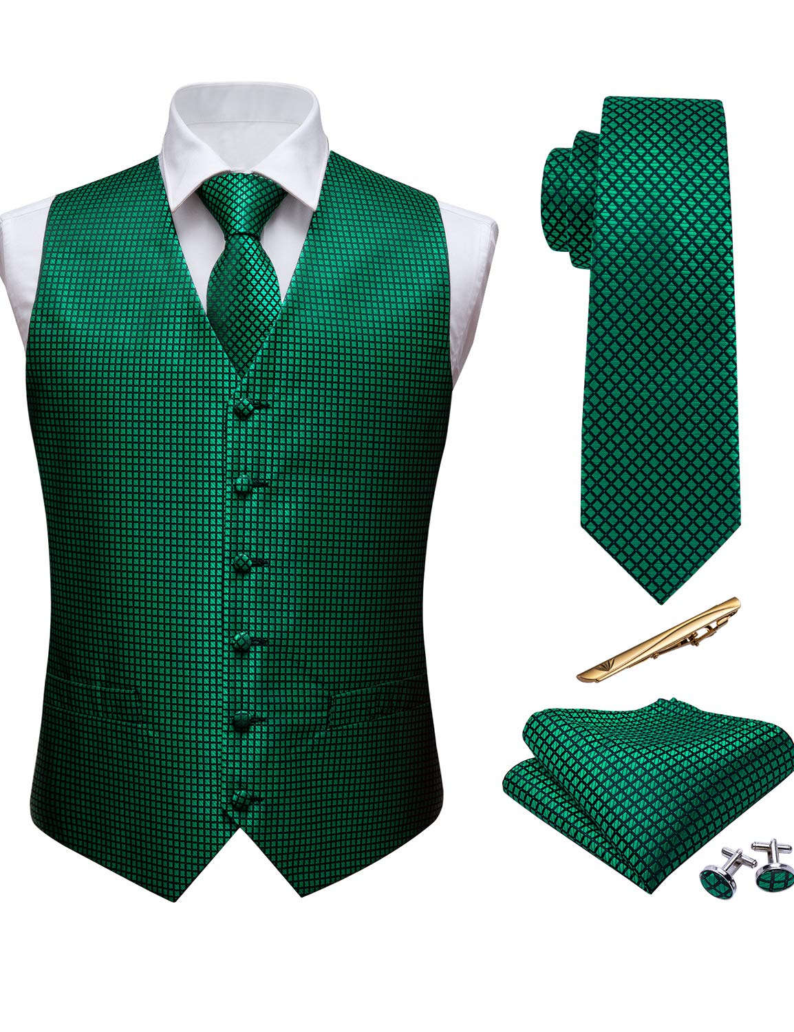 Barry.WangFormal Mens Vest Set Paisley Tie Handkerchief Cufflink Clip Suit Waistcoat Designer 5PCS