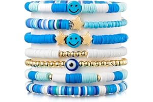 YALASOBA Preppy Bracelets Set Colorful White Gold Smile Heart Star Polymer Beaded Pearl Clay Stackable Charm Y2K Kidcore Aesthetic Summer Beach Bohemian Stretch Layering Bracelets Jewelry for Girls Women Teens
