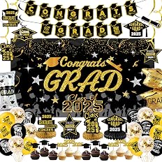 Graduation Decorations 2025-Black and Gold Graduation Party Decorations Supplies Class of 2025 with Banner, Backdrop, Balloon