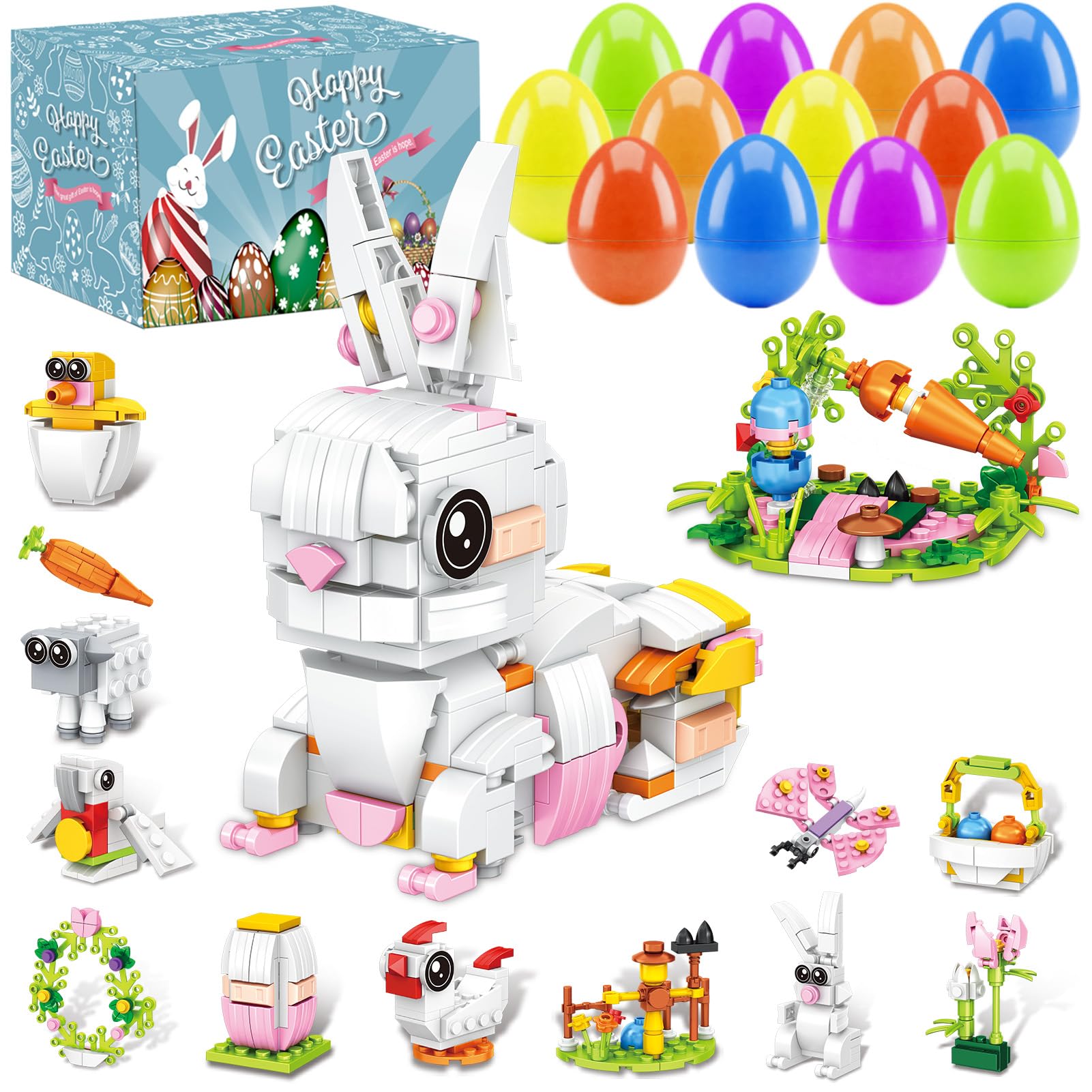 CLAPET 12 PCS Prefilled Easter Eggs with Bunny Building Toys, Easter Basket Stuffers Gifts for 3-8 Year Old Kids Toddlers, 12 in 1 Rabbit Building Blocks Sets, Party Favors Classroom Prize Supplies