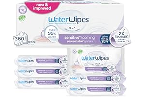 WaterWipes Sensitive+ Soothing Wipes, 3-In-1 Cleans, Cares, Soothes, 99% Water with Botanical Extract, Unscented & Hypoallergenic Baby Wipes, 360 Count (6 Packs)
