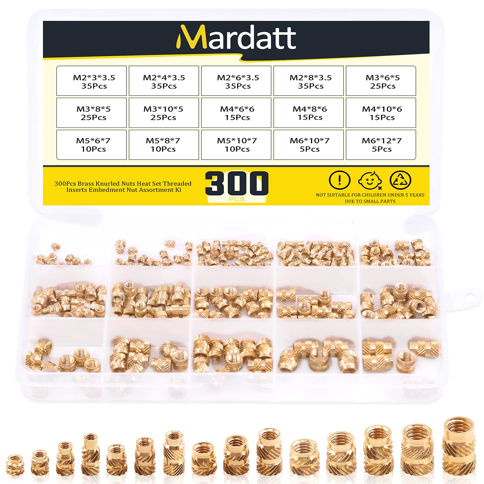 Mardatt 300Pcs 15 Different Sizes Brass Threaded Inserts for Plastic Brass Inserts 3D Printing Knurled Nut Brass Embedment Nut Heat Set Insert Assortment Kit for 3D Printing Plastic
