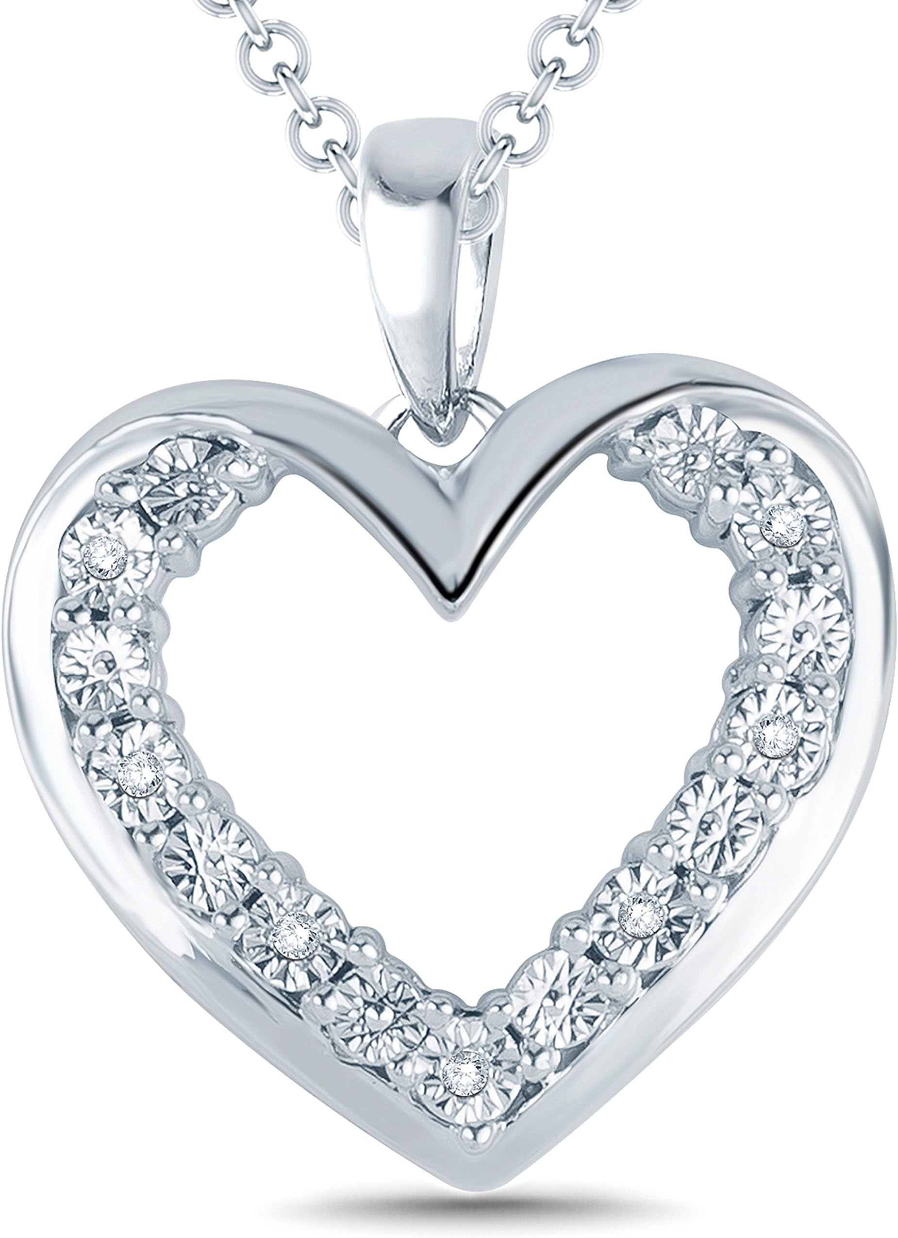 Sterling Silver 1/20 Carat Round Cut (I-J Color, I2-I3 Clarity) Natural Diamond Heart Pendant Necklace for Women
