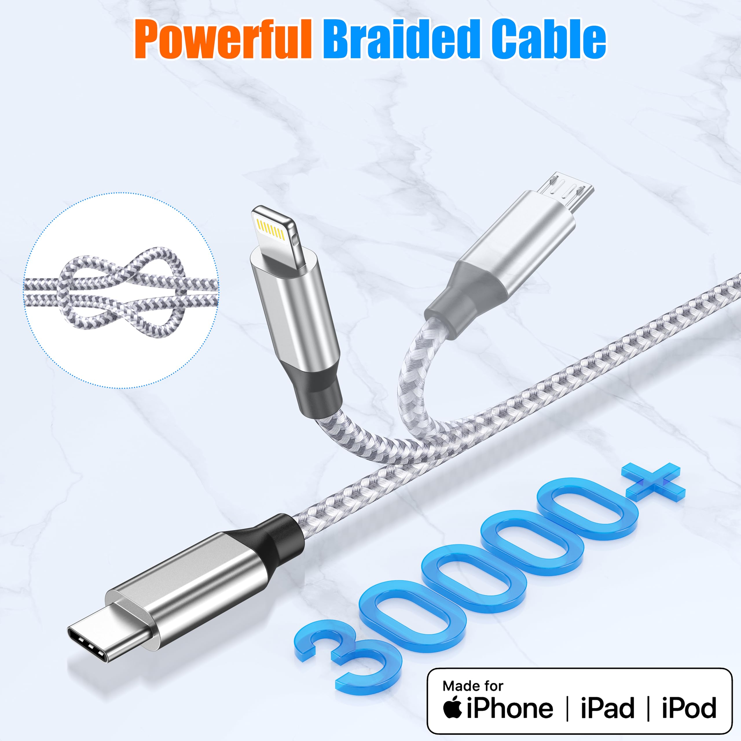 Multi Charging Cable 4ft 3Pack Usb Charger 3 in 1, C Port Multi iPhone Charger Cable Nylon Braided Apple MFi Certified Fast Charging Cord with Type-C/Usb C Micro Lightning for Phone iPad iPhone Tablet