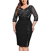 MISSMAY Women's Plus Size Sequined Lace V Neck Ruffle Split Hem Wedding Party Bodycon Cocktail Dress