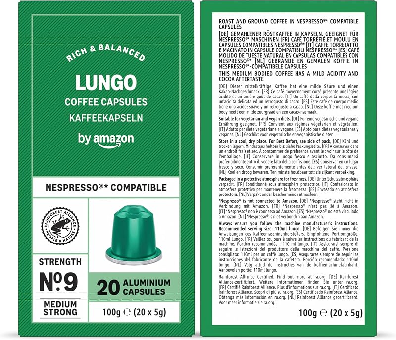 Capsules de café Paquet Varié compatibles avec Nespresso, Torréfaction Moyenne, Capsule en Aluminium, 100 Pièces, 5 lot de 20 - Certifié Rainforest Alliance