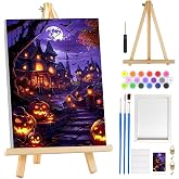 MOGTAA Halloween Paint by Numbers Kit for Adults Beginners with Frame, Pumpkin Castle Adult Paint by Number Kits on Canvas with Easel, Easy DIY Oil Painting Kits for Home Decor, 8x12in
