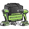 Greenworks 24V Brushless Cordless Drill and Impact Driver,Power Tool Combo Kit Included 1/2”Drill & 1/4”Hex Impact Driver and (2) Batteries, Fast Charger, 2 pcs Drill Bit Set & Bag