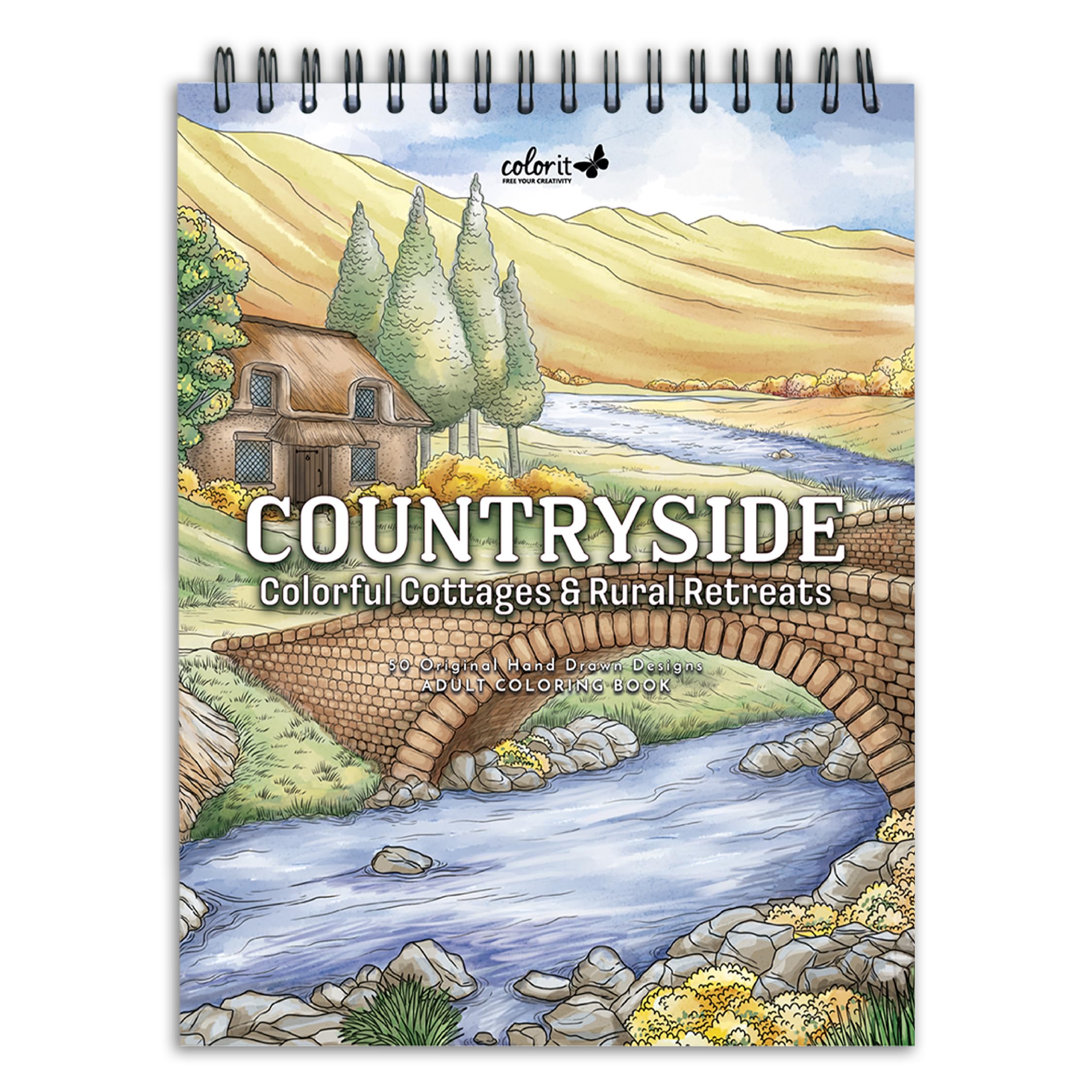 ColorIt Countryside: Colorful Cottages & Rural Retreats Spiral Bound Adult Coloring Book, 50 Illustrations of Country Scenes, Thick Paper, Perforated, Lay Flat Hard Cover, Ink Blotter Paper