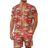 LESOCUSTOM 80s 90s Men's Hawaiian Outfits 2 Piece Shirt and Shorts Sets Button Down Beach Suits Disco Party