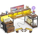 Aheaplus L Shaped Desk with File Drawer, Reversible L Shaped Computer Desk Gaming Desk with Power Outlet & LED Strip, Home Office Desk Corner Desk with Monitor Shelf, Storage Shelves, Rustic Brown
