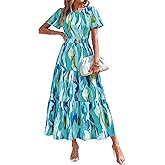 PRETTYGARDEN Women's Summer Casual Short Flutter Sleeve Round Neck Smocked Waist Tiered Boho Floral Flowy Maxi Dress