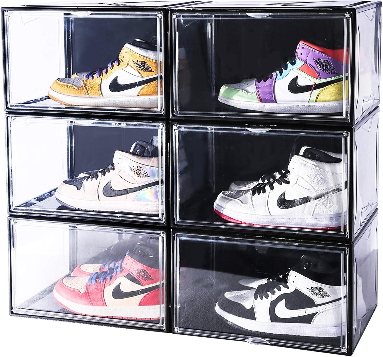 Montex Stackable Shoe Organizer 6 Pack Super Large, 14.2” X 11” X 8.7” Clear Plastic Shoe Boxes with Magnetic Closure for Display Shoes Sneakers Storage, Black