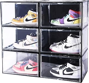 Montex Stackable Shoe Organizer 6 Pack Super Large, 14.2” X 11” X 8.7” Clear Plastic Shoe Boxes with Magnetic Closure for Display Shoes Sneakers Storage, Black