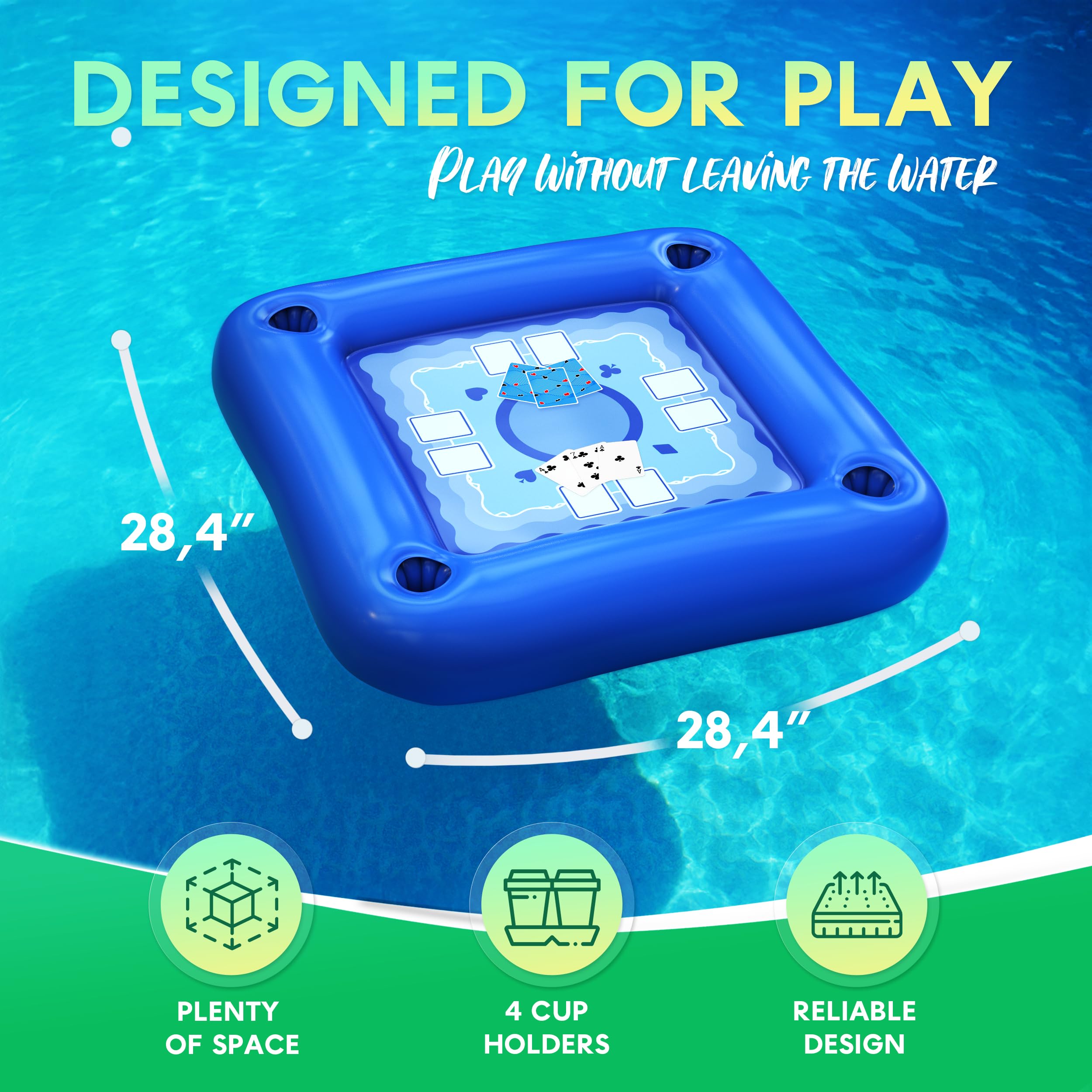 Floating Table for Pool with Cup Holders – Adult Pool Games with Waterproof Cards – Pool Float Games – Perfect for Party, Snacks, Drinks, Hot Tub & Summer Fun