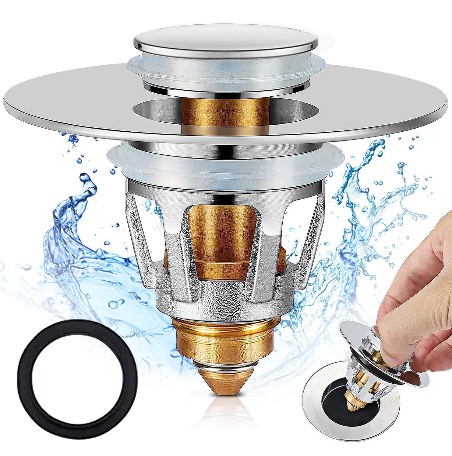 Bathroom Sink Plugs Stainless Steel Basin Plug Pop Up Plugs for Wash Basin, Push-Type Sink Plug Replacement Bath Drainer Filter Plug with Bounce Core for 28-38mm US Standard Drain Hole