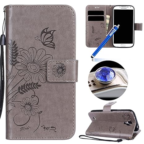 Etsue Kompatibel mit Samsung Galaxy S4 Schutzhülle Handytasche Flip Tasche Case Leder Hülle Schmetterling Blume Luxus Vintage