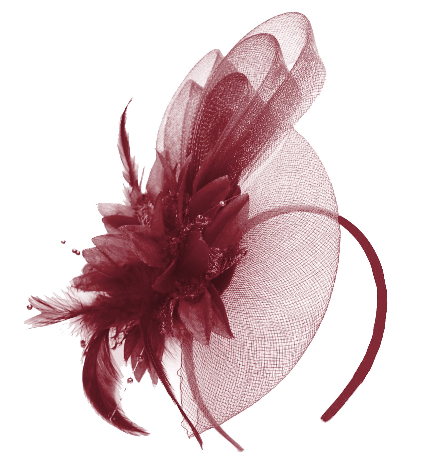Caprilite Burgundy Fascinator Headband Flower Wedding Ascot Races Net Hat Feathers