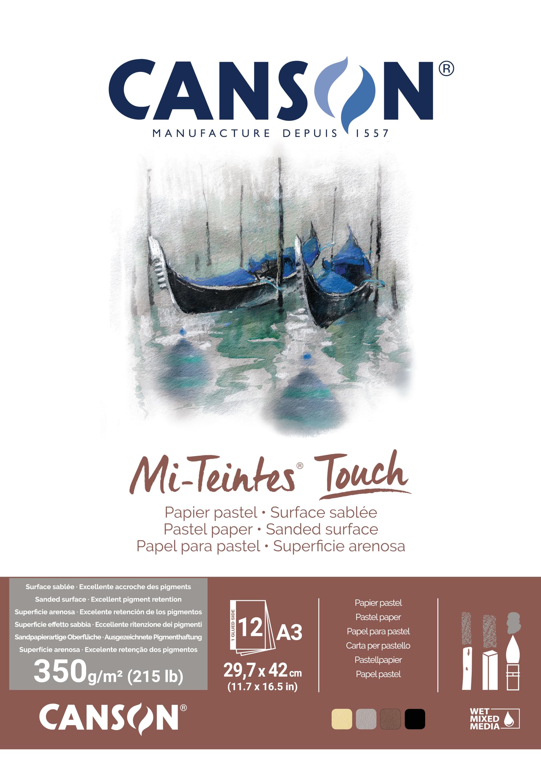 CANSON Mi-Teintes Coloured Drawing 335g A3 Paper Pack, 6 Fine Sanded Colours, 12 Sheets, Pastel & Mixed Media, For Professional Artists & Illustrators