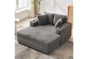 60-Inch Oversized Chaise Lounge Chair for Apartments, Comfy Corduroy Sofa with Charging Station, Cup Holders & Throw Pillows,